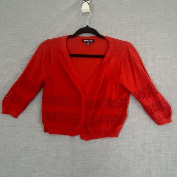 Impress Bolero Sweater Sz Large Red Crochet Cutouts Lightweight Knit Half Sleeve - Picture 1 of 9